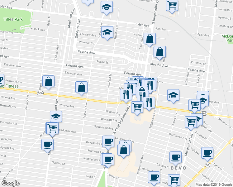 map of restaurants, bars, coffee shops, grocery stores, and more near 4928 Lindenwood Avenue in St. Louis