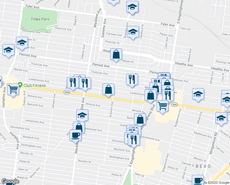 map of restaurants, bars, coffee shops, grocery stores, and more near 5069 Chippewa Street in St. Louis