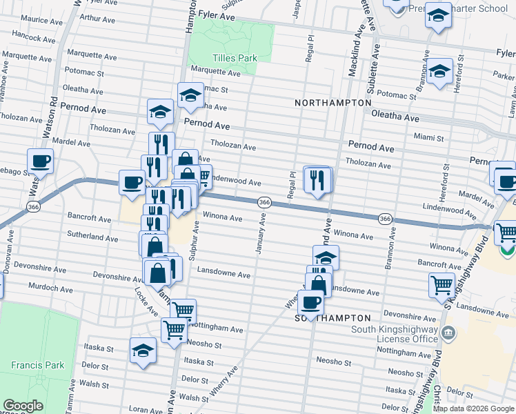map of restaurants, bars, coffee shops, grocery stores, and more near 5611 Winona Avenue in St. Louis