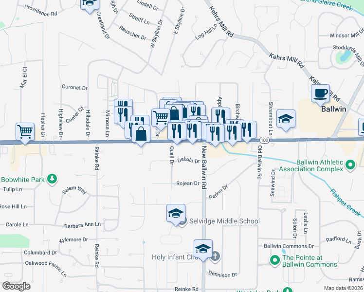 map of restaurants, bars, coffee shops, grocery stores, and more near 725 Debula Drive in Ellisville