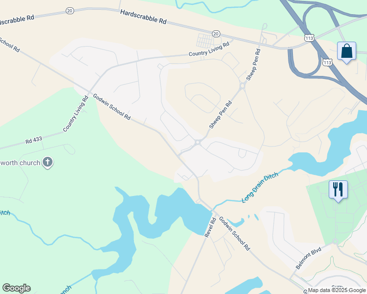 map of restaurants, bars, coffee shops, grocery stores, and more near 28440 Justice Lane in Millsboro