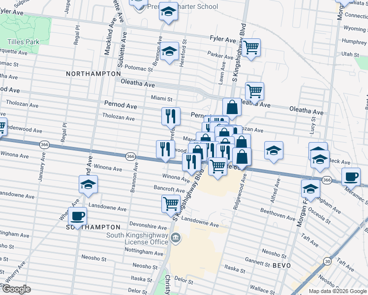 map of restaurants, bars, coffee shops, grocery stores, and more near 4955 Lindenwood Avenue in St. Louis