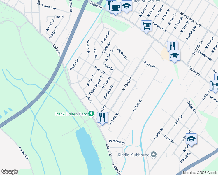 map of restaurants, bars, coffee shops, grocery stores, and more near 7104 Russell Avenue in East St. Louis