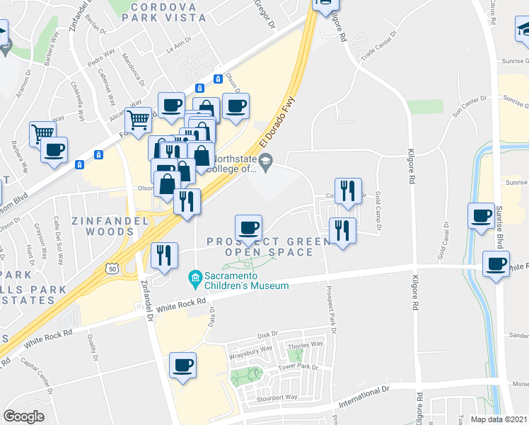 map of restaurants, bars, coffee shops, grocery stores, and more near 10901 Gold Center Drive in Rancho Cordova