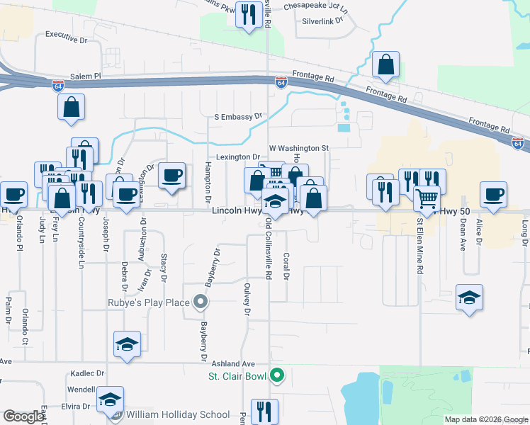 map of restaurants, bars, coffee shops, grocery stores, and more near 1017 Harris Drive in Fairview Heights