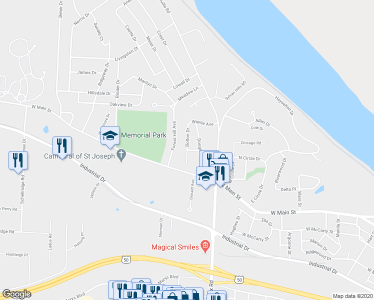 map of restaurants, bars, coffee shops, grocery stores, and more near 120 Bolton Drive in Jefferson City