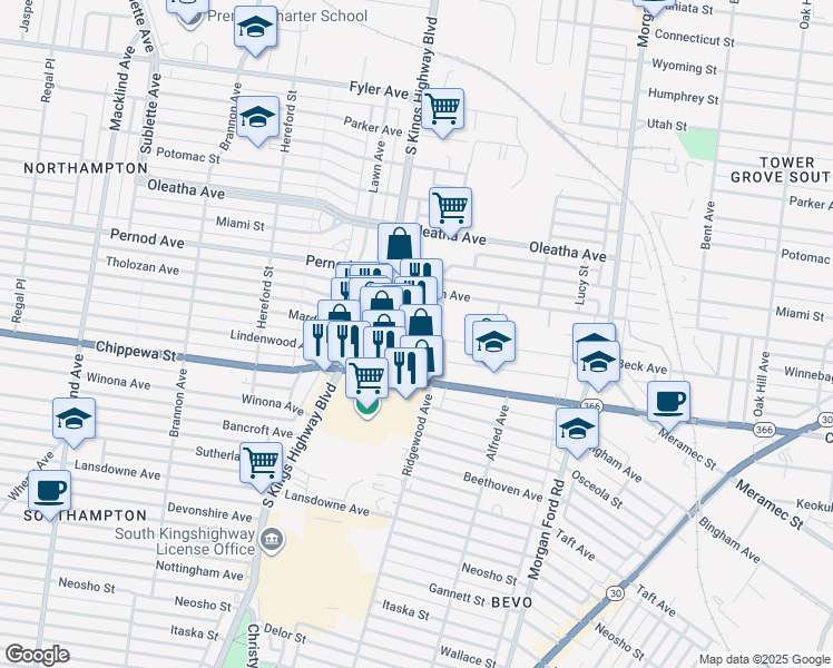 map of restaurants, bars, coffee shops, grocery stores, and more near 3734 South Kingshighway Boulevard in St. Louis