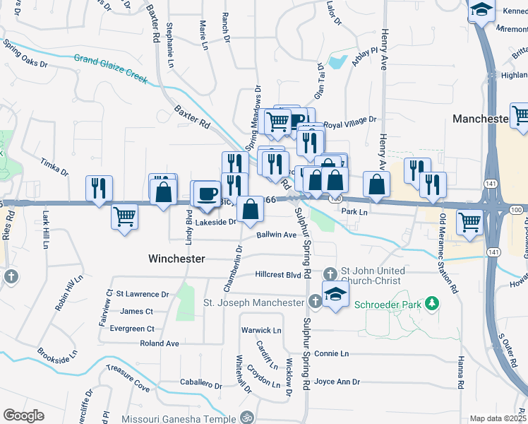 map of restaurants, bars, coffee shops, grocery stores, and more near 404 Lakeside Drive in Ballwin