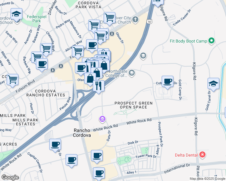 map of restaurants, bars, coffee shops, grocery stores, and more near 2868 Prospect Park Drive in Rancho Cordova
