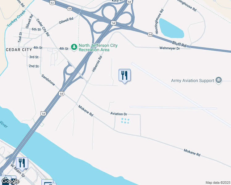 map of restaurants, bars, coffee shops, grocery stores, and more near 511 Airport Road in Jefferson City
