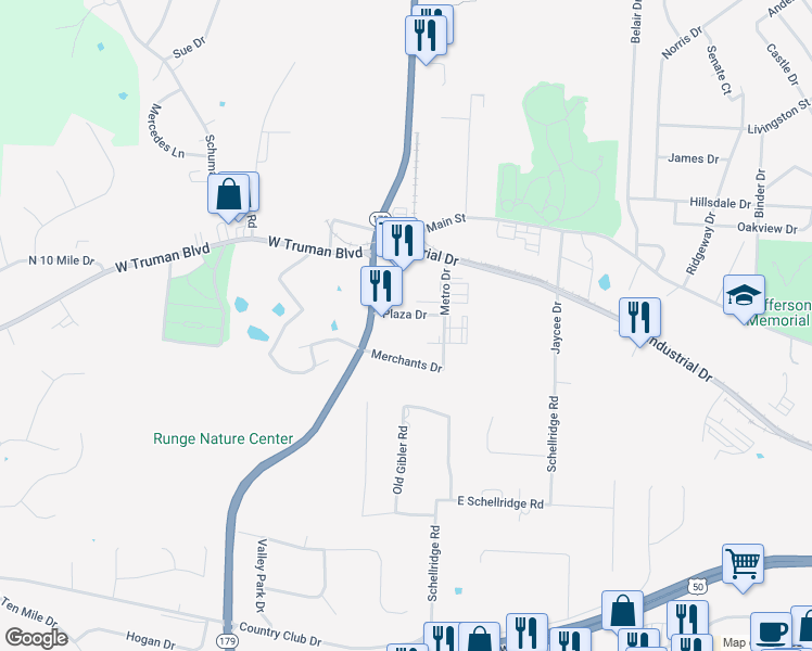 map of restaurants, bars, coffee shops, grocery stores, and more near 2729 Plaza Drive in Jefferson City