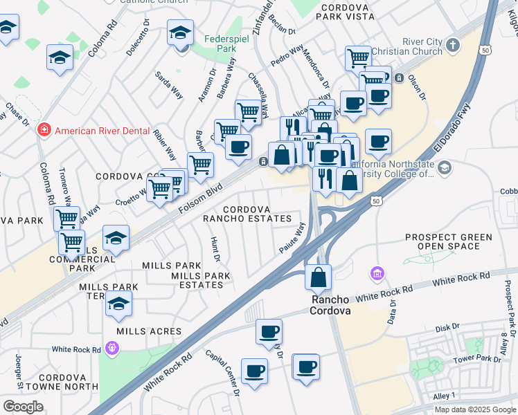 map of restaurants, bars, coffee shops, grocery stores, and more near 2928 Kachina Way in Rancho Cordova
