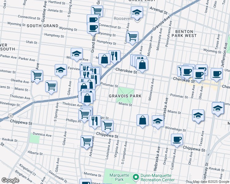 map of restaurants, bars, coffee shops, grocery stores, and more near 3543 Louisiana Avenue in St. Louis