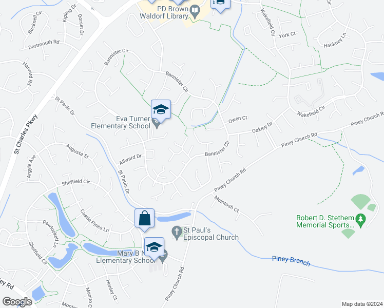 map of restaurants, bars, coffee shops, grocery stores, and more near 4555B Ryan Place in Waldorf