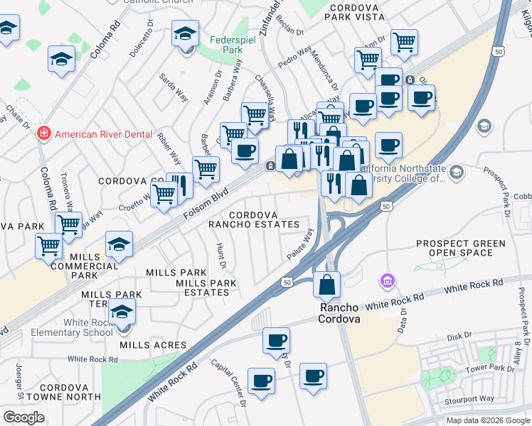 map of restaurants, bars, coffee shops, grocery stores, and more near 2928 Kachina Way in Rancho Cordova