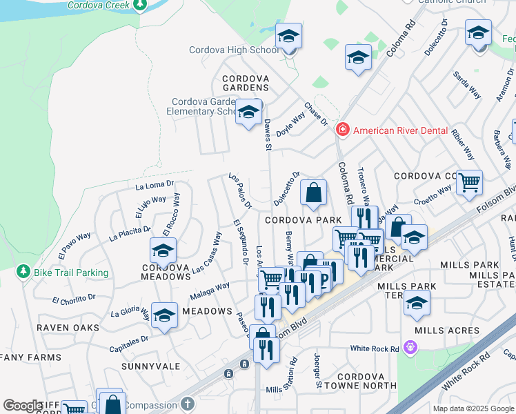 map of restaurants, bars, coffee shops, grocery stores, and more near 2607 Los Amigos Drive in Rancho Cordova