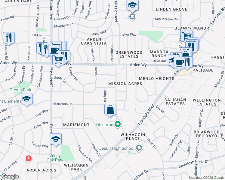 map of restaurants, bars, coffee shops, grocery stores, and more near 1502 Joby Lane in Sacramento