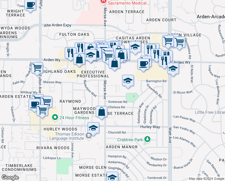 map of restaurants, bars, coffee shops, grocery stores, and more near 3129 Berkshire Way in Sacramento