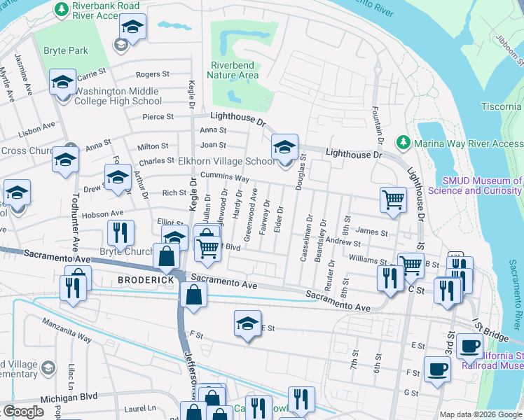 map of restaurants, bars, coffee shops, grocery stores, and more near 811 Greenwood Avenue in West Sacramento