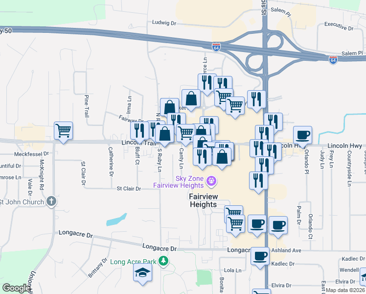 map of restaurants, bars, coffee shops, grocery stores, and more near 6 Canty Lane in Fairview Heights