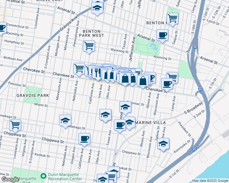 map of restaurants, bars, coffee shops, grocery stores, and more near 3446 Texas Avenue in St. Louis