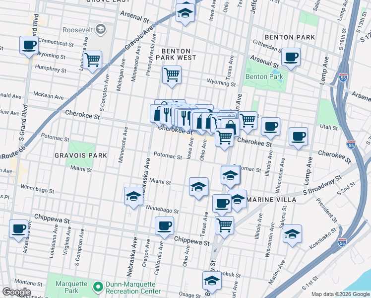 map of restaurants, bars, coffee shops, grocery stores, and more near 2737 Potomac Street in St. Louis