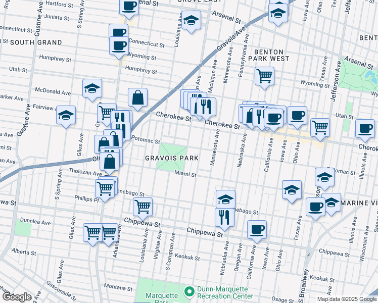 map of restaurants, bars, coffee shops, grocery stores, and more near 3526 South Compton Avenue in St. Louis