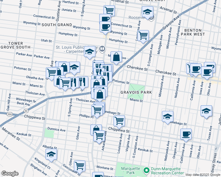 map of restaurants, bars, coffee shops, grocery stores, and more near 3519 Miami Street in St. Louis