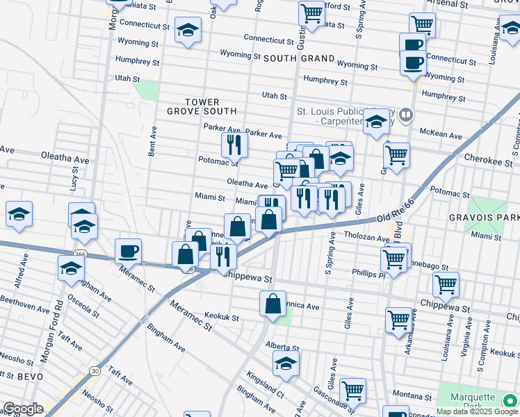 map of restaurants, bars, coffee shops, grocery stores, and more near 3905 Tholozan Avenue in St. Louis