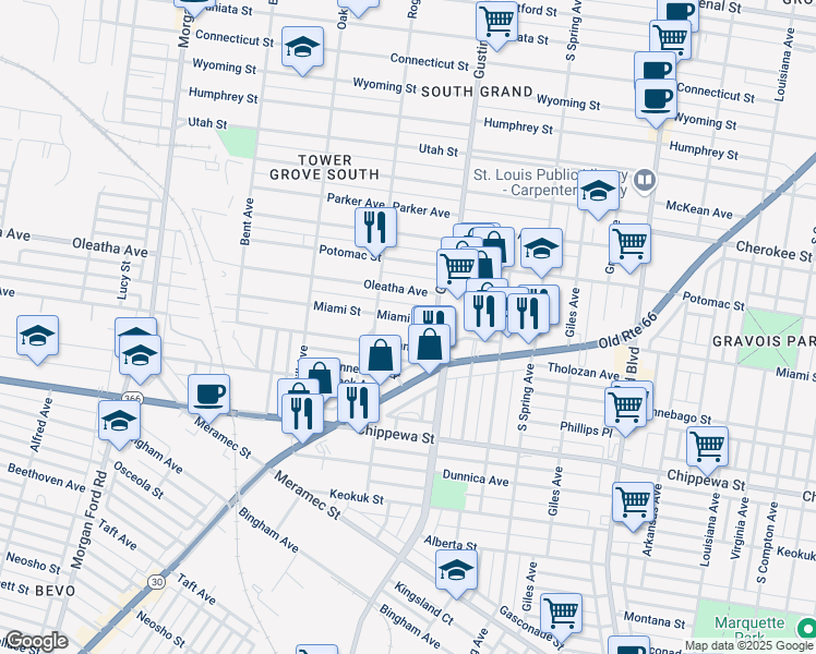 map of restaurants, bars, coffee shops, grocery stores, and more near 3968 Tholozan Avenue in St. Louis