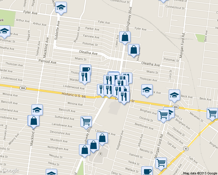 map of restaurants, bars, coffee shops, grocery stores, and more near in St. Louis