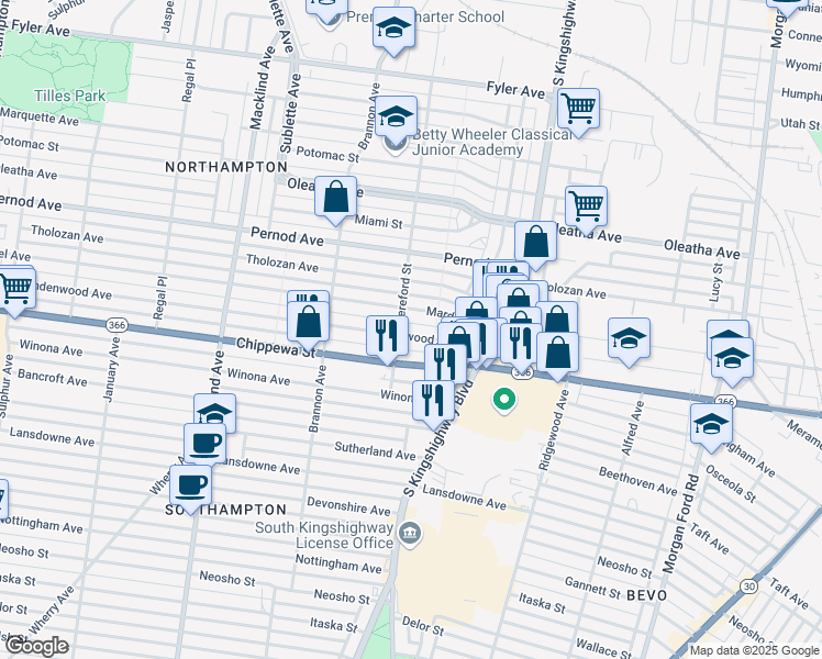 map of restaurants, bars, coffee shops, grocery stores, and more near 4974 Lindenwood Avenue in St. Louis
