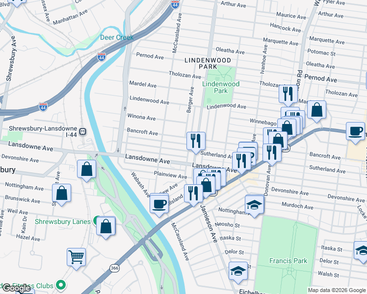 map of restaurants, bars, coffee shops, grocery stores, and more near 6920 Sutherland Avenue in St. Louis