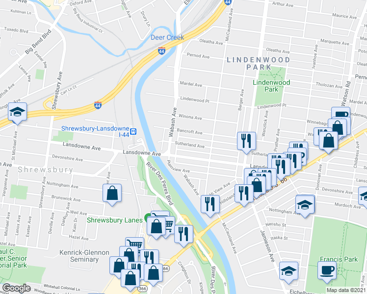 map of restaurants, bars, coffee shops, grocery stores, and more near 7059 Lansdowne Avenue in St. Louis