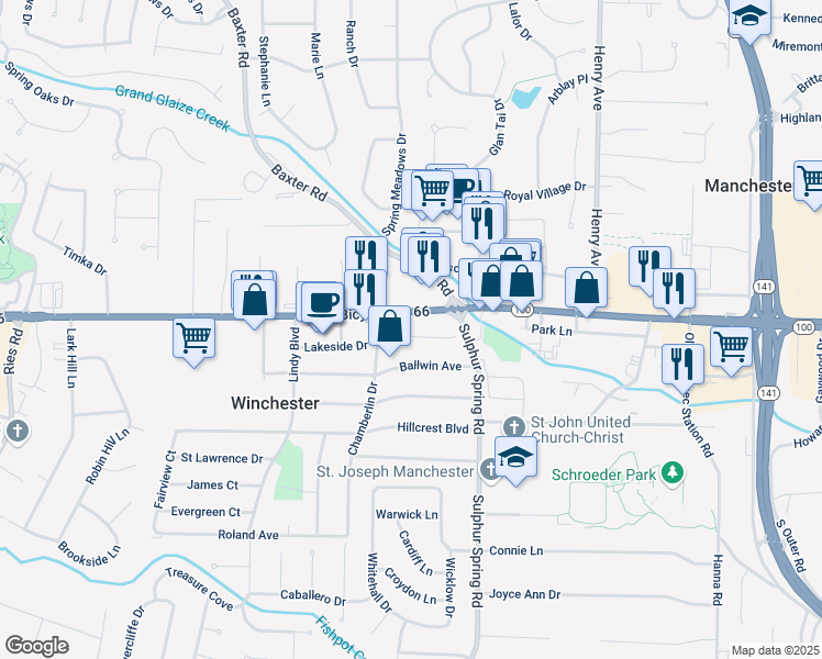 map of restaurants, bars, coffee shops, grocery stores, and more near 404 Lakeside Drive in Ballwin