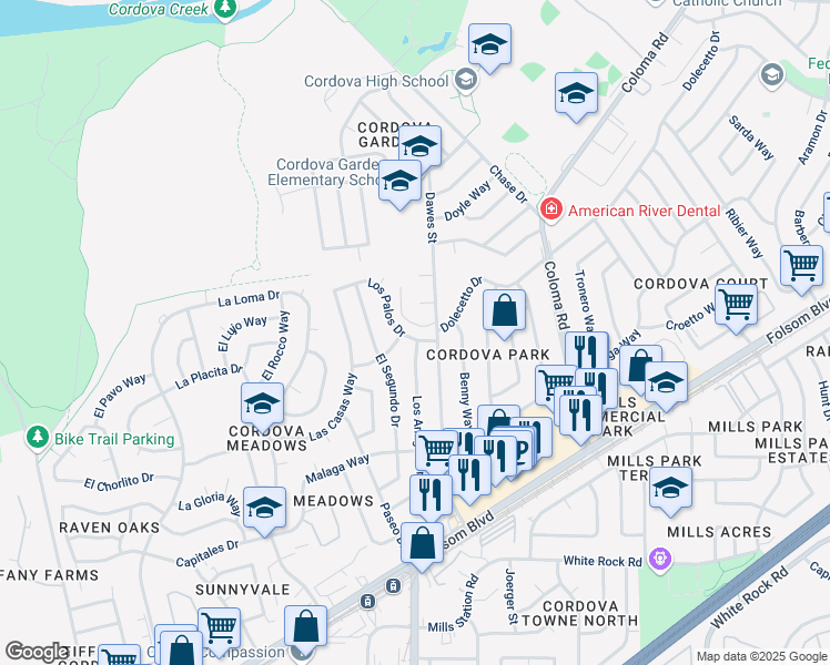 map of restaurants, bars, coffee shops, grocery stores, and more near 2607 Los Amigos Drive in Rancho Cordova
