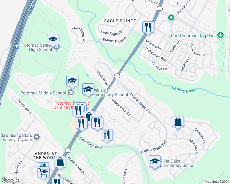 map of restaurants, bars, coffee shops, grocery stores, and more near 16569 Royal Court in Woodbridge