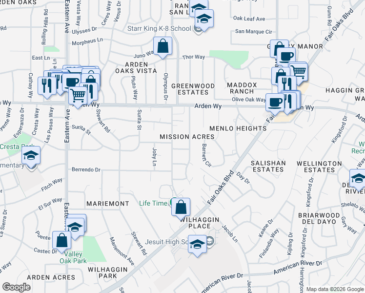 map of restaurants, bars, coffee shops, grocery stores, and more near 4726 Moore Way in Carmichael