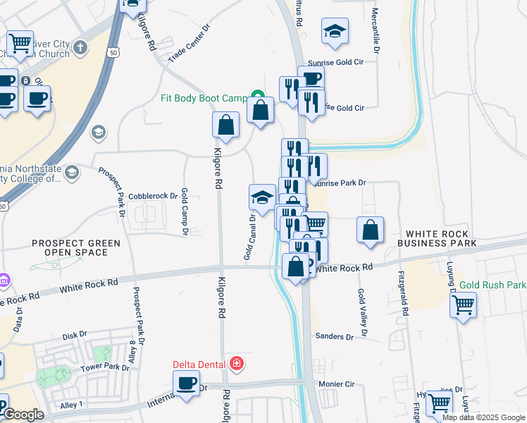map of restaurants, bars, coffee shops, grocery stores, and more near Folsom South Canal in Rancho Cordova