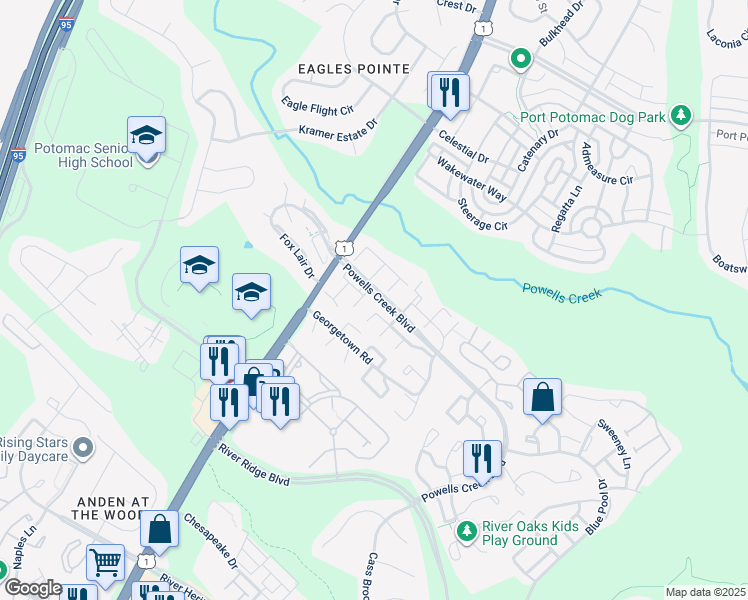 map of restaurants, bars, coffee shops, grocery stores, and more near 16541 Sherwood Place in Woodbridge