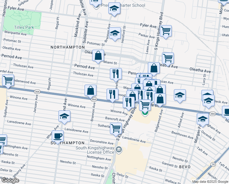 map of restaurants, bars, coffee shops, grocery stores, and more near 5003 Lindenwood Avenue in St. Louis