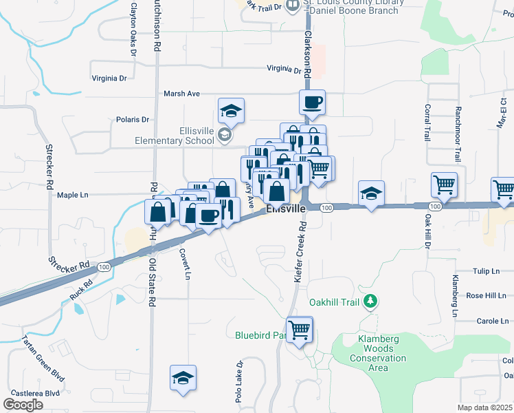 map of restaurants, bars, coffee shops, grocery stores, and more near 15952 Manchester Road in Ellisville