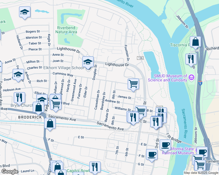 map of restaurants, bars, coffee shops, grocery stores, and more near 791 Beardsley Drive in West Sacramento