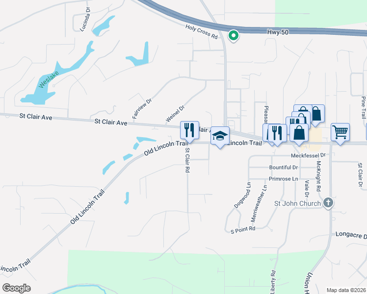 map of restaurants, bars, coffee shops, grocery stores, and more near 411 Saint Clair Road in Fairview Heights