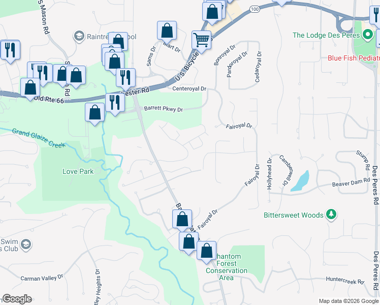 map of restaurants, bars, coffee shops, grocery stores, and more near 2408 Hidden Meadow Lane in Ballwin