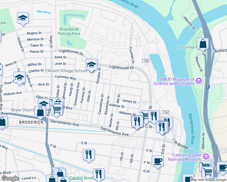 map of restaurants, bars, coffee shops, grocery stores, and more near 791 Beardsley Drive in West Sacramento