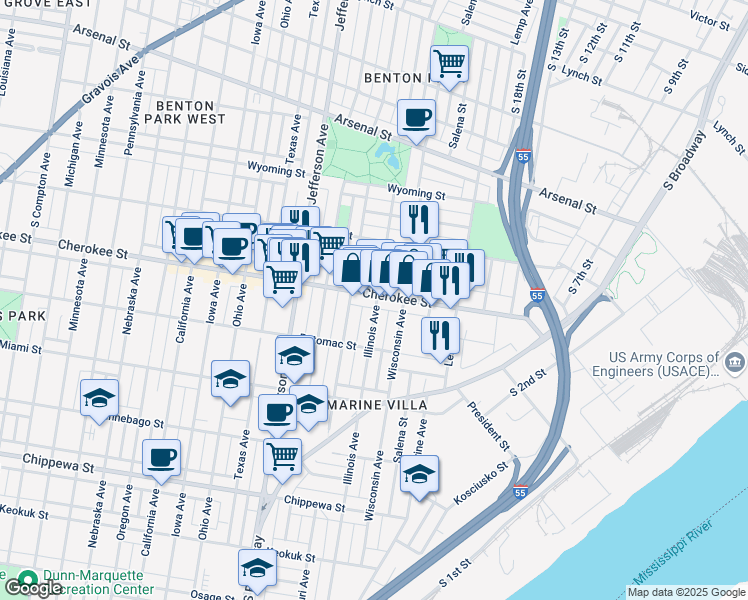 map of restaurants, bars, coffee shops, grocery stores, and more near 3428 Illinois Avenue in St. Louis