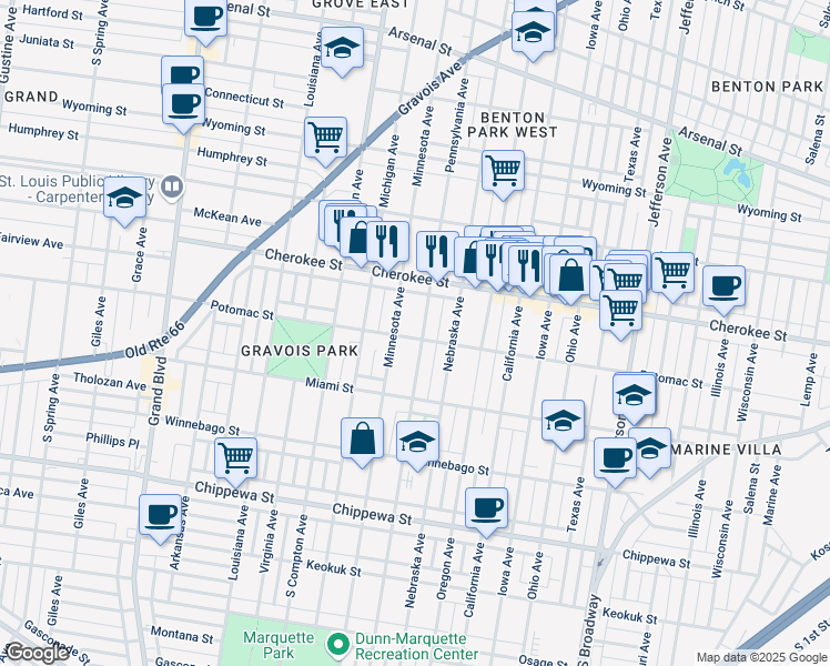 map of restaurants, bars, coffee shops, grocery stores, and more near 3517 Pennsylvania Avenue in St. Louis
