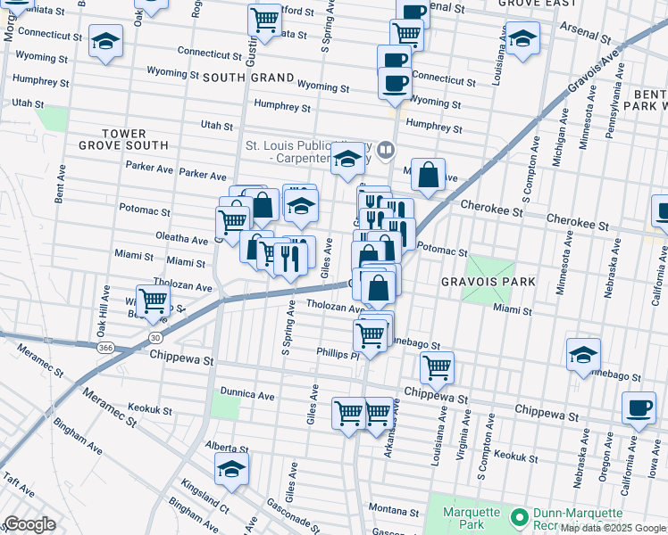 map of restaurants, bars, coffee shops, grocery stores, and more near 3654 State Route 30 in St. Louis