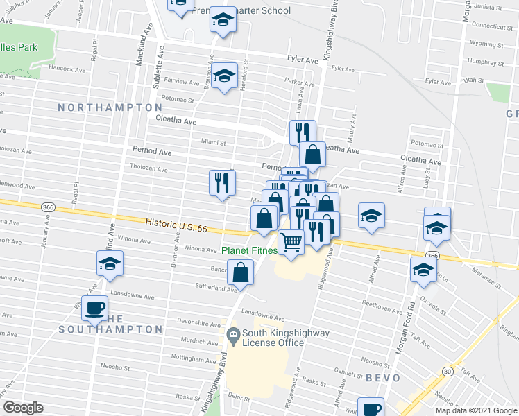 map of restaurants, bars, coffee shops, grocery stores, and more near 4928 Lindenwood Avenue in St. Louis